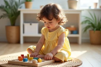 Petite fille de 3 ans jouant avec des formes en bois Montessori sur un plancher naturel dans une salle de jeux épurée