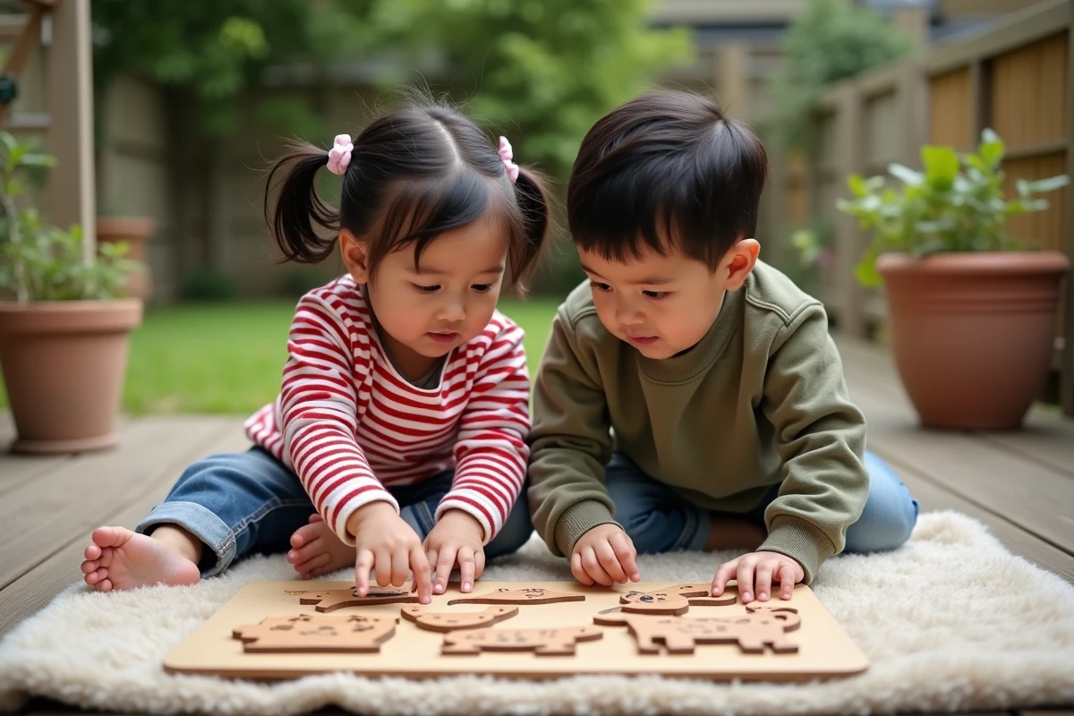 Deux enfants de 3 ans assemblant ensemble un puzzle en bois Montessori représentant des animaux de la ferme sur une terrasse en bois
