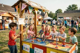Enfants jouant à un jeu de lancer d'anneaux lors d'une kermesse scolaire colorée dans une cour d'école