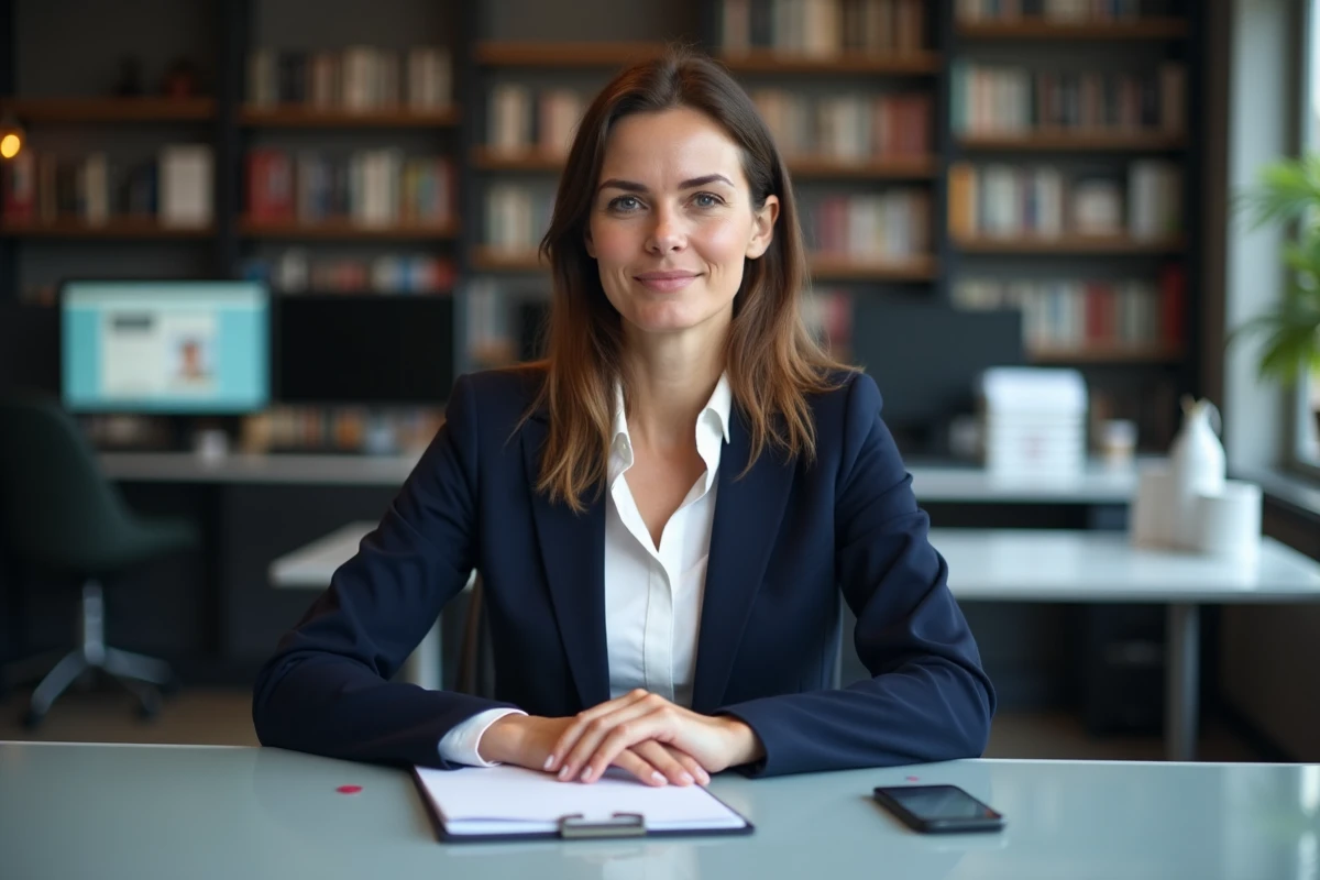 Journaliste femme en bureau avec monitors et livres