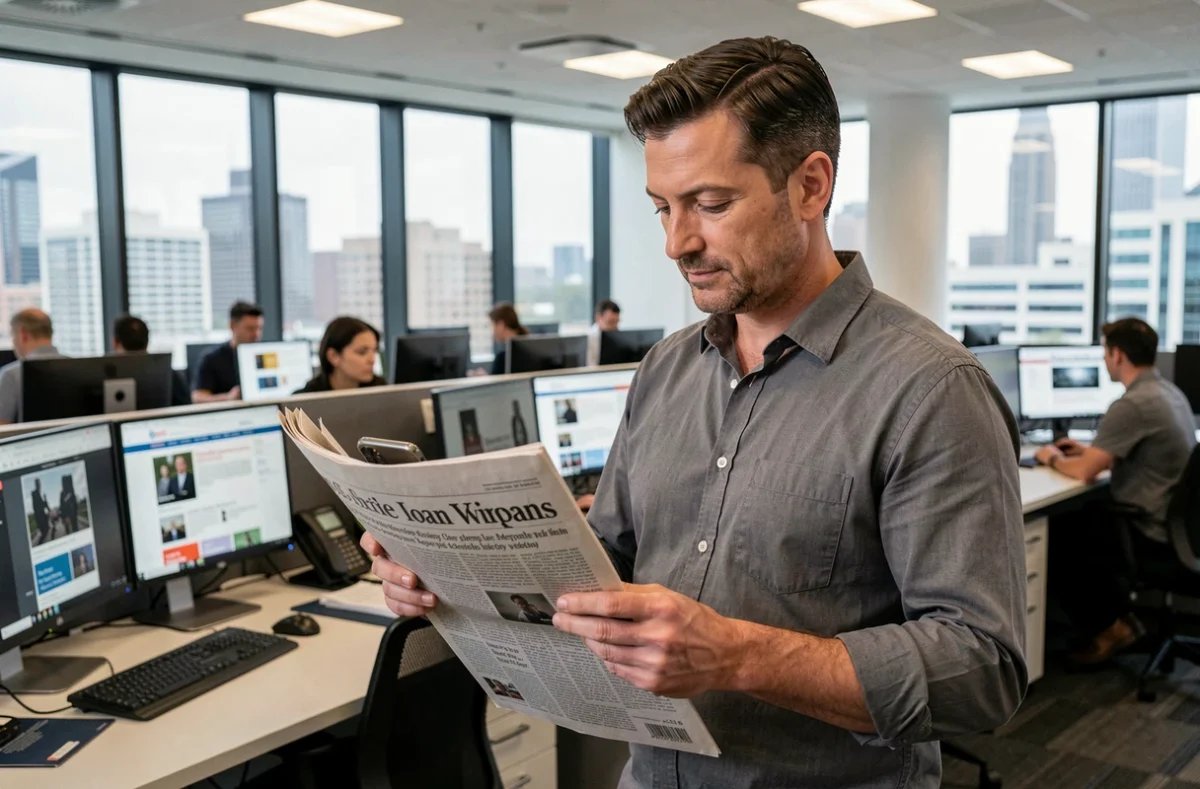Journaliste masculin vérifiant une information de presse dans une salle de rédaction moderne