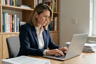 Femme journaliste vérifiant des informations sur son ordinateur portable pour lutter contre les fake news