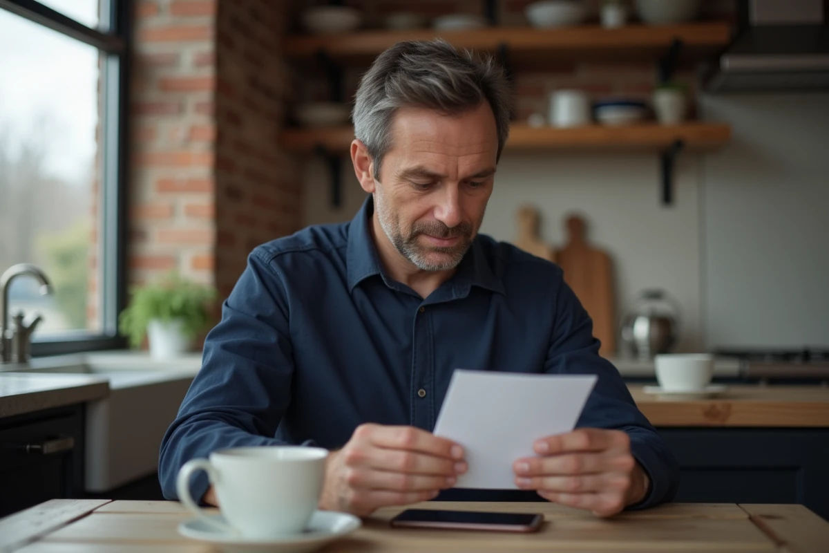 Homme lisant une invitation de baptême reçue par courrier à sa table de cuisine