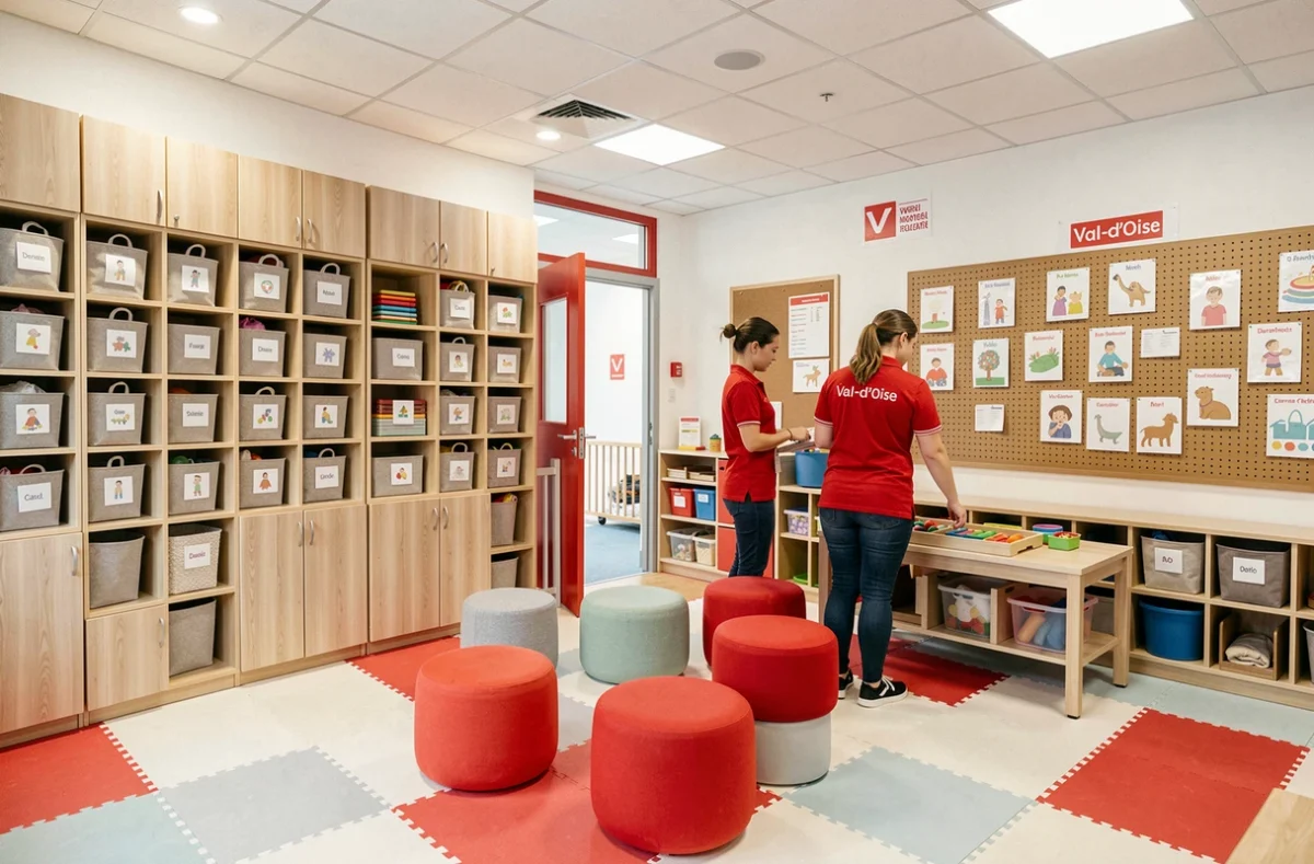 Espace commun d'une crèche du réseau Les Petits Chaperons Rouges dans le Val-d'Oise avec identité visuelle rouge et blanc et équipe de puéricultrices
