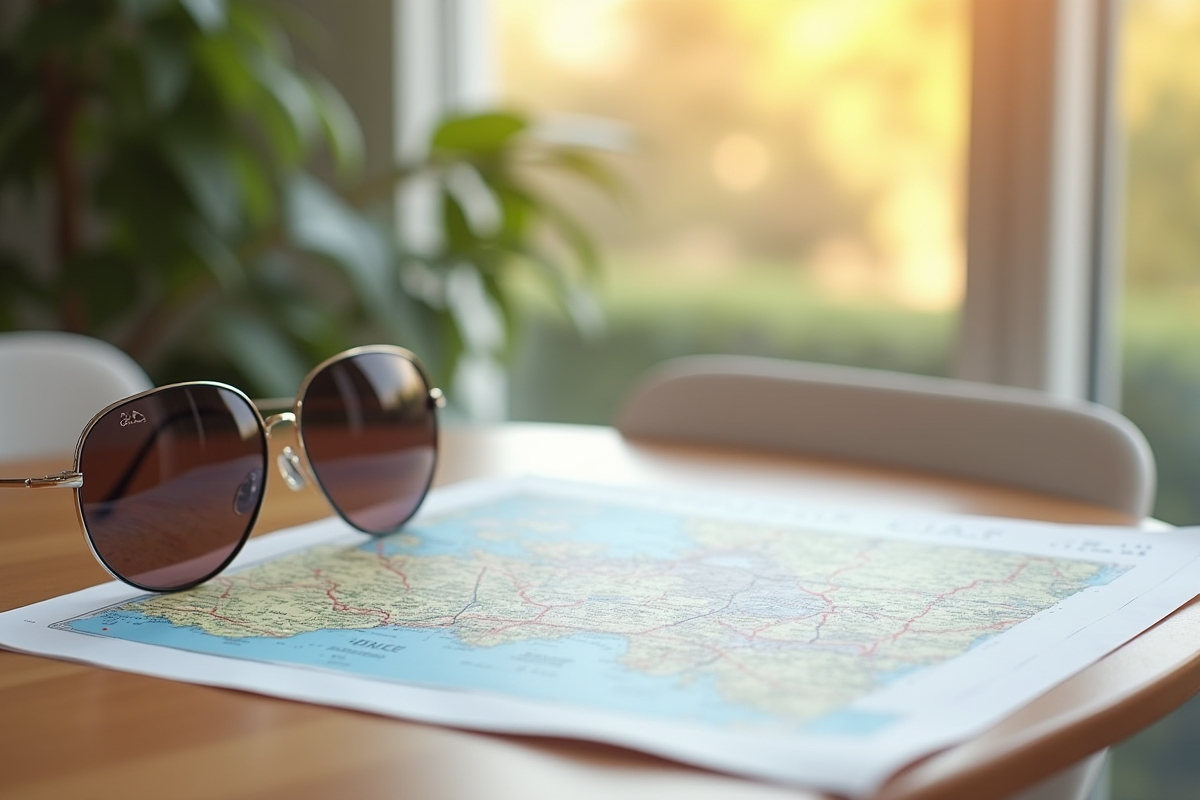 Lettre CAF avec carte de France et lunettes pour planifier vacances