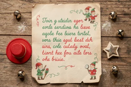 Lettre de lutin farceur manuscrite sur parchemin avec décorations de Noël à imprimer