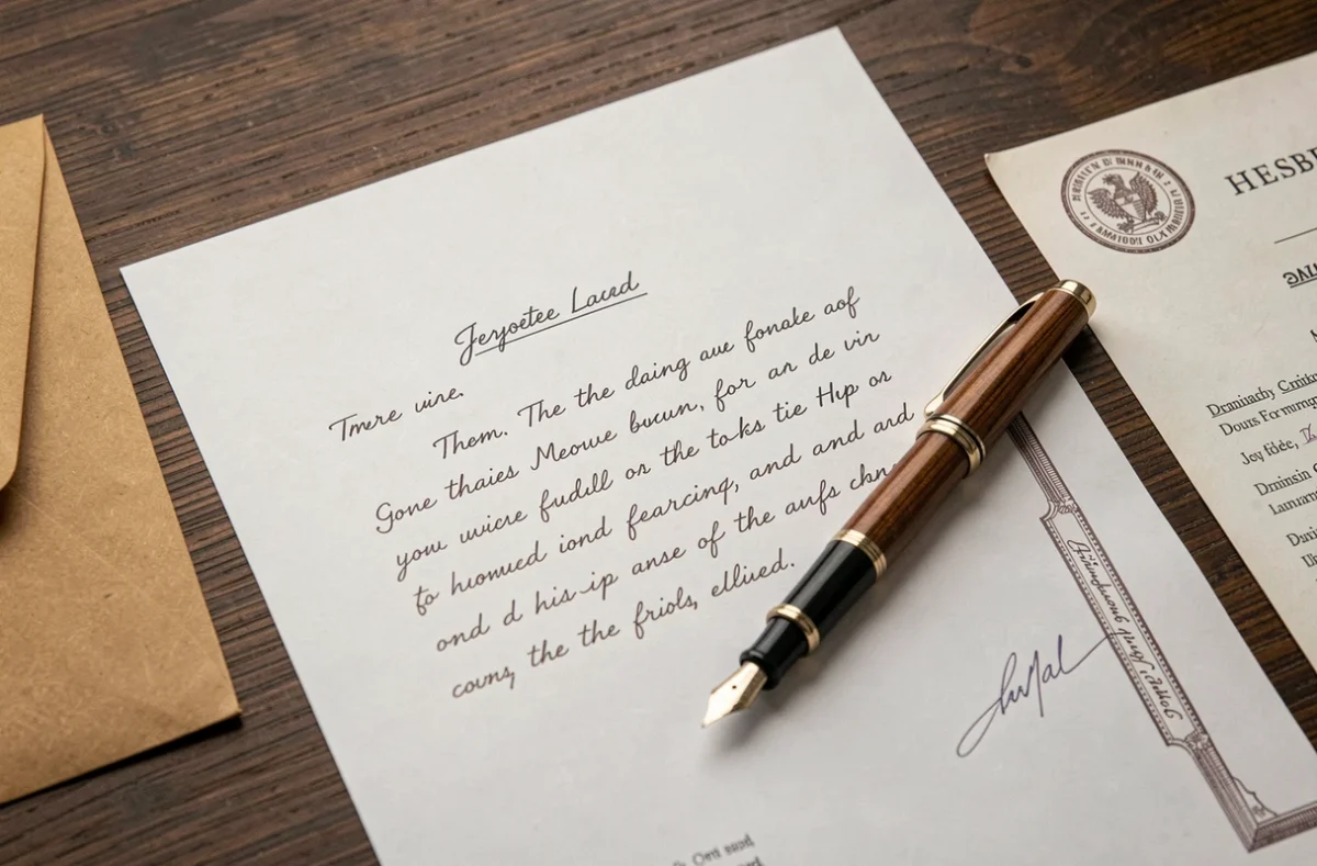 Lettre manuscrite formelle adressée à un juge en urgence familiale posée sur un bureau avec stylo plume et documents officiels