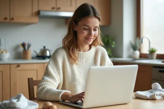 Jeune femme consultant une liste de naissance en ligne sur son ordinateur portable dans une cuisine moderne