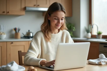 Jeune femme consultant une liste de naissance en ligne sur son ordinateur portable dans une cuisine moderne