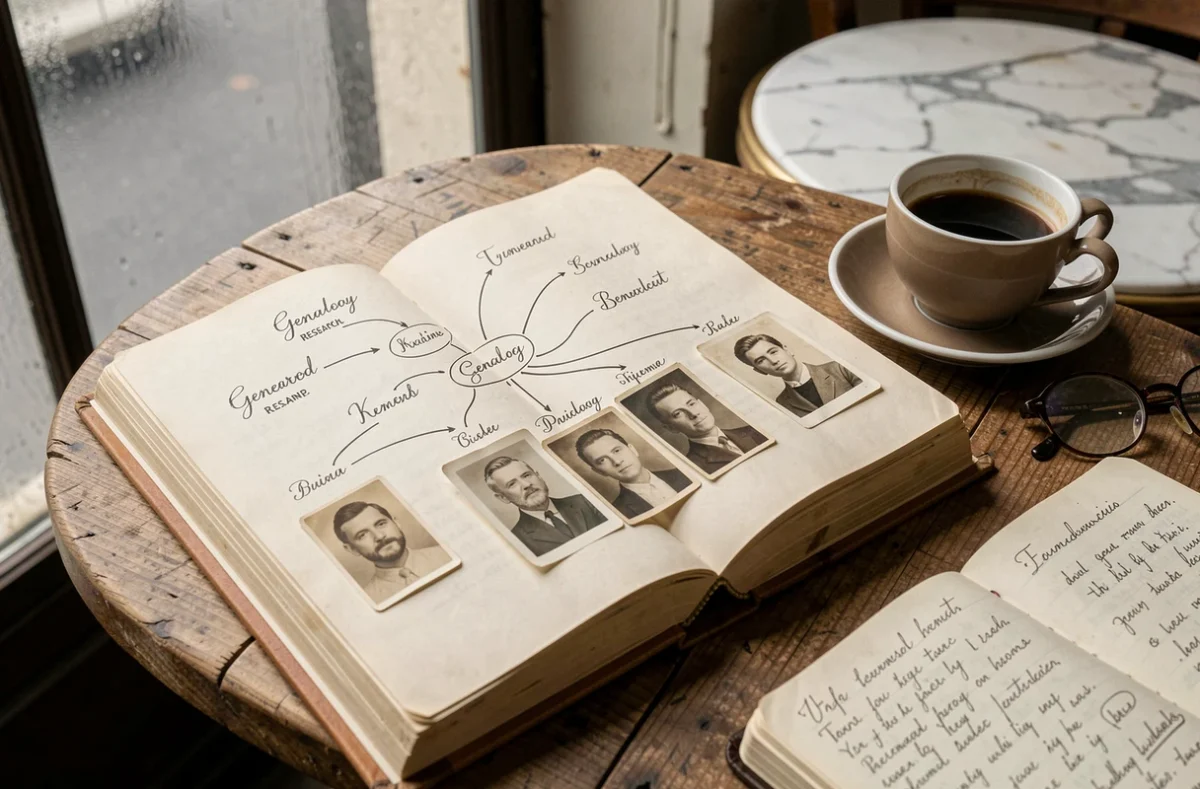 Livre de généalogie ouvert sur un arbre familial manuscrit avec portraits vintage, tasse d'espresso et notes de recherche sur une table de café parisien