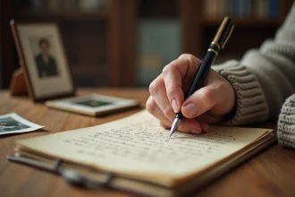 Mains d'un homme âgé posées sur une lettre manuscrite en hommage à un grand-père décédé