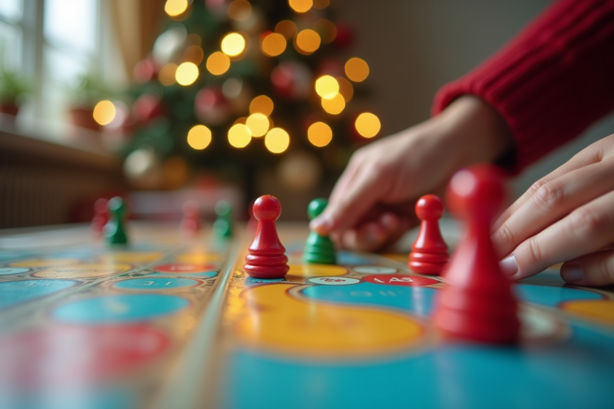 Mains manipulant des pièces de jeu de société de Noël