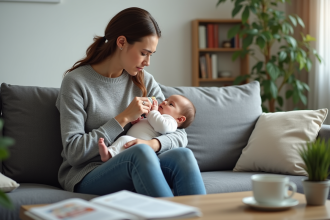 Jeune maman inquiète allaite son bébé dans un salon calme