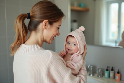 Maman souriante avec son bébé après le repas dans la salle de bain