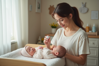 Maman appliquant du liniment à son bébé dans une nurserie chaleureuse