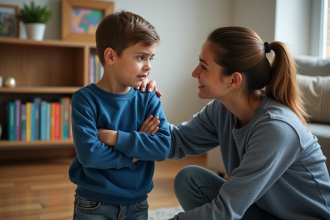 Femme parle doucement à un garçon dans un salon chaleureux