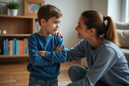 Femme parle doucement à un garçon dans un salon chaleureux