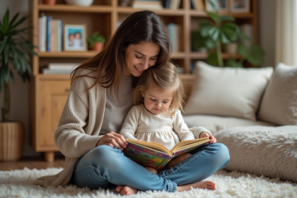 Maman et fille lisant un livre dans un salon chaleureux
