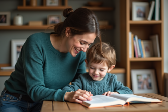 Femme et enfant lisant un livre à la cuisine chaleureuse
