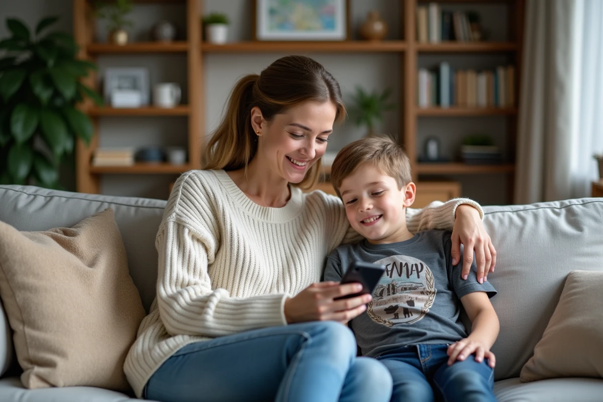 Femme et adolescent souriant dans un salon chaleureux