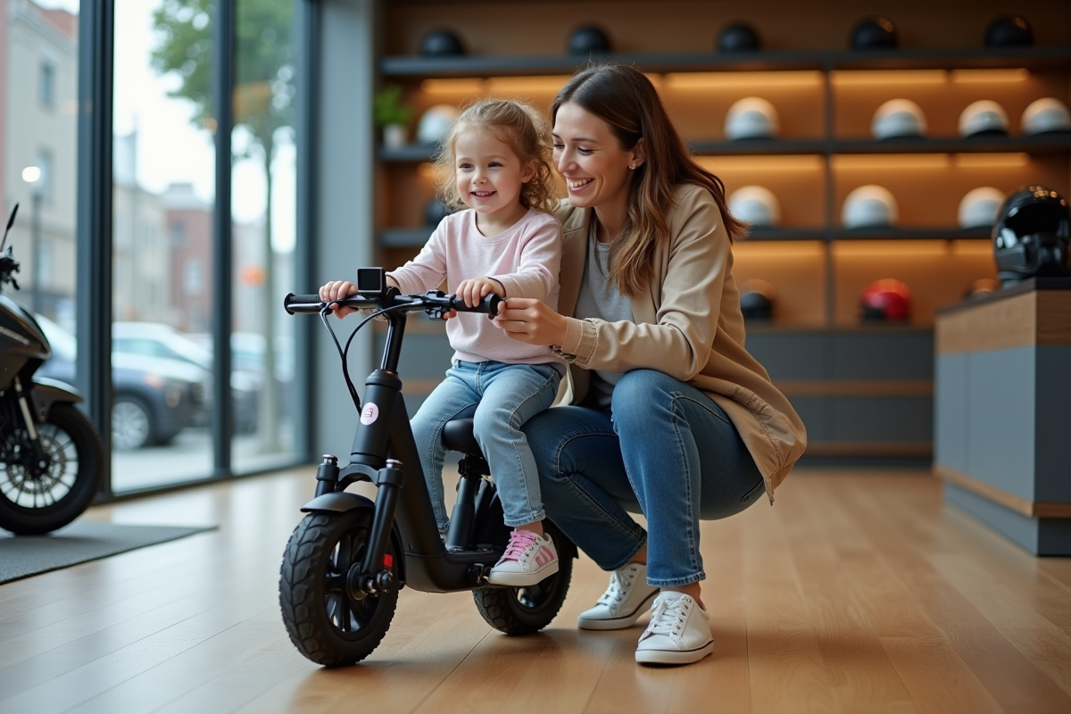 Mère et fille examinant un mini vélo électrique en magasin