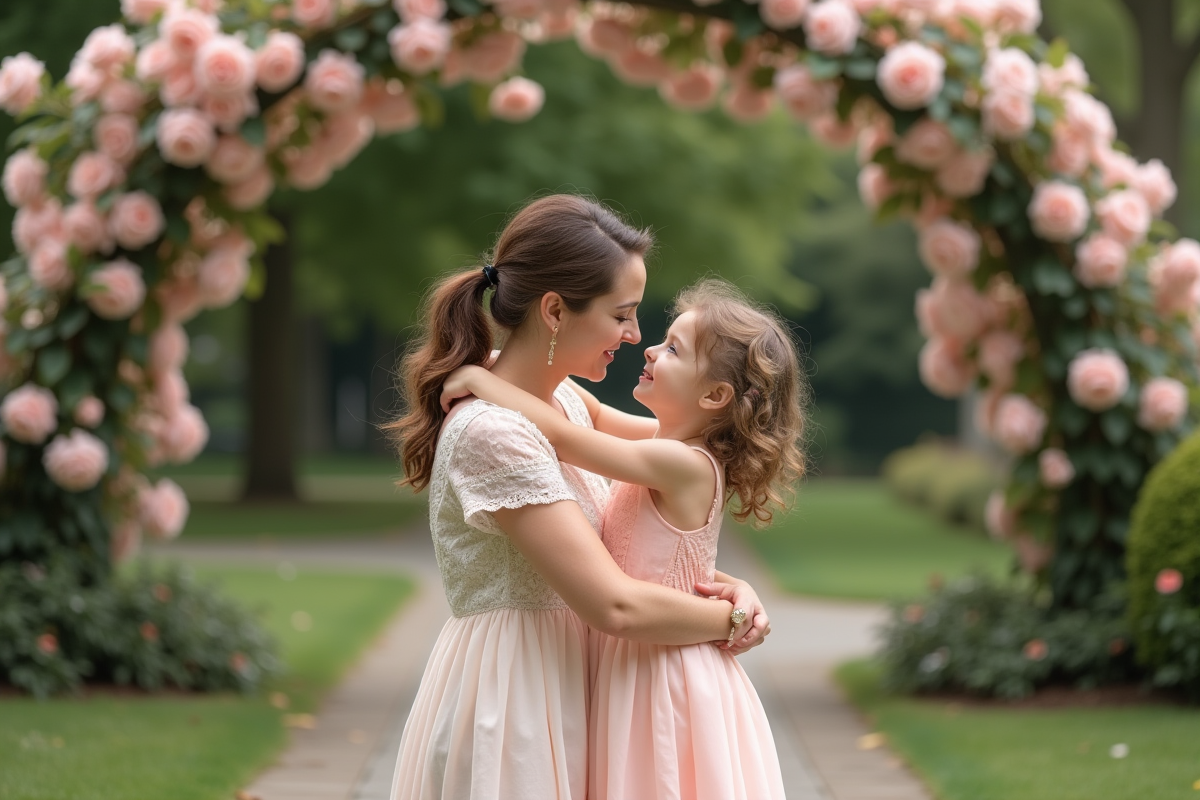 Mère et fille partageant un moment dans un jardin fleuri au printemps
