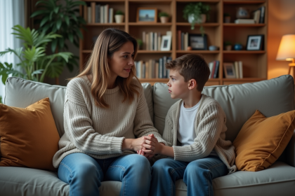 Mère et fille discutent dans un salon chaleureux