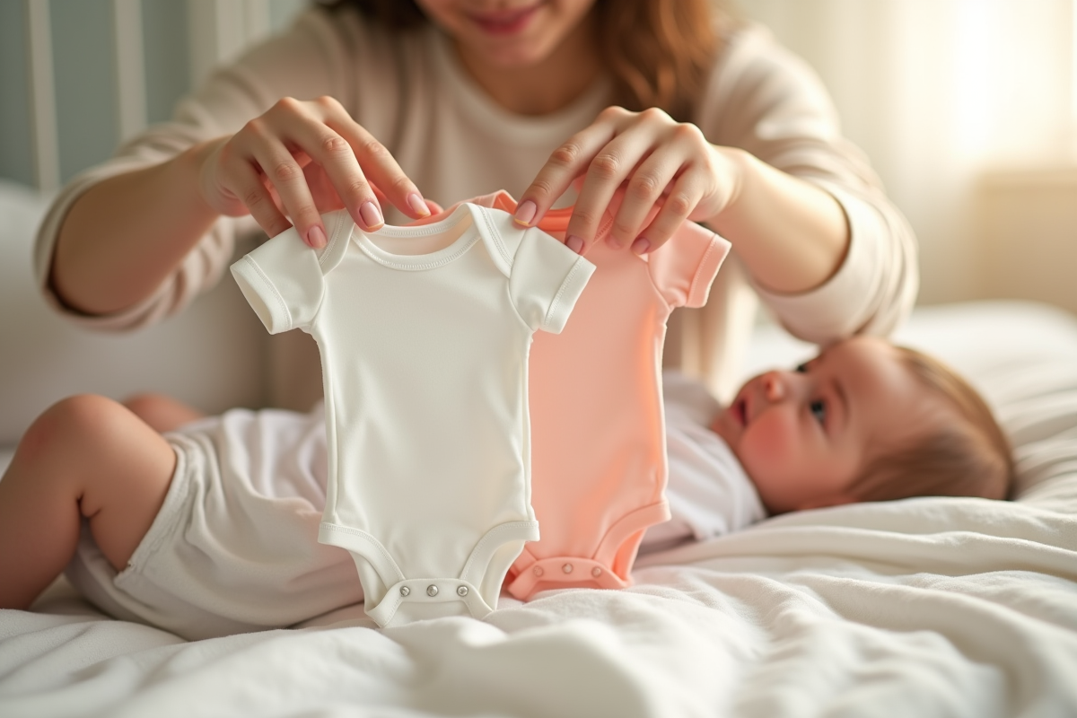Maman tenant deux bodysuits de tailles différentes près de son bébé