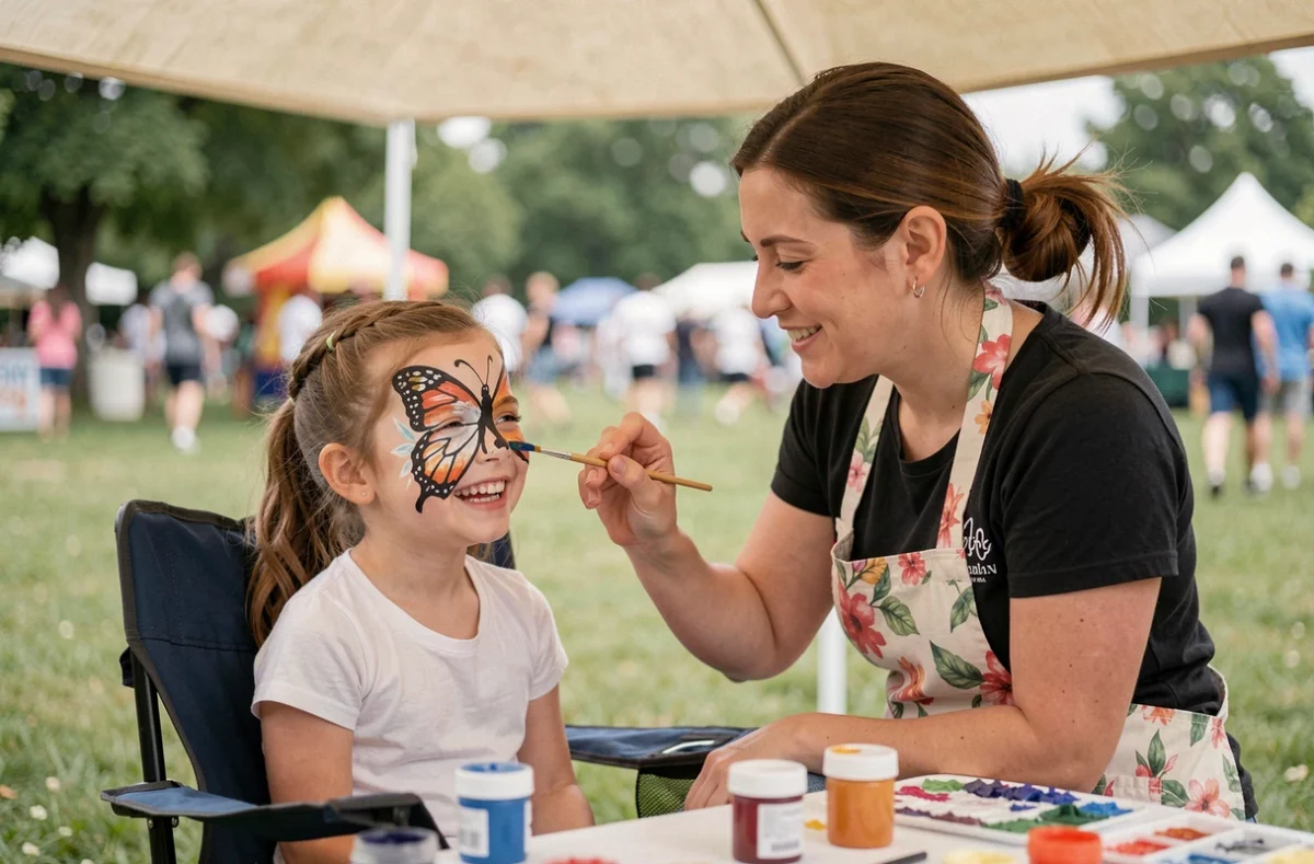 Petite fille se faisant maquiller en papillon par une bénévole lors d'une kermesse en plein air