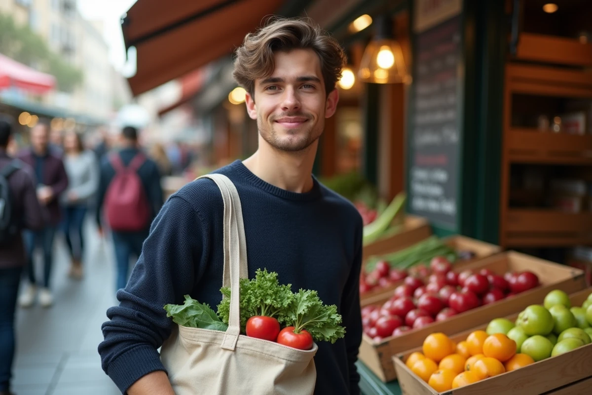 Jeune homme avec sac de fruits au marché local