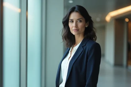 Femme &eacute;l&eacute;gante et discr&egrave;te dans un hall moderne, regard d&eacute;tourn&eacute; symbolisant la vie priv&eacute;e pr&eacute;serv&eacute;e des m&eacute;dias