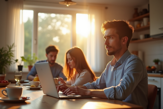 Jeune professionnel travaillant le matin à la maison avec famille