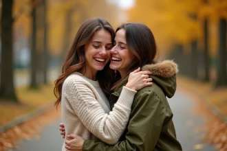 Deux meilleures amies s'enlaçant avec émotion et larmes de joie dans un parc en automne