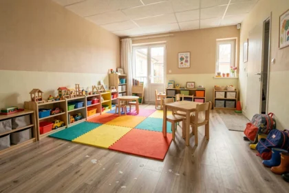 Intérieur accueillant d'une crèche dans le Val-d'Oise avec coin jeux coloré et mobilier adapté aux tout-petits