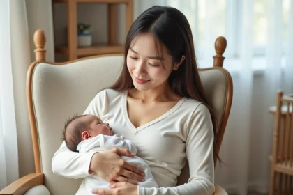 Jeune mère allaitant son nouveau-né dans un fauteuil à bascule, exprimant calme et tendresse lors d'un pic de croissance