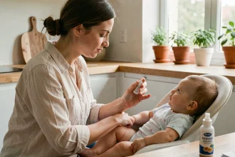 Mère appliquant un répulsif moustique sur le bras de son bébé dans une cuisine moderne