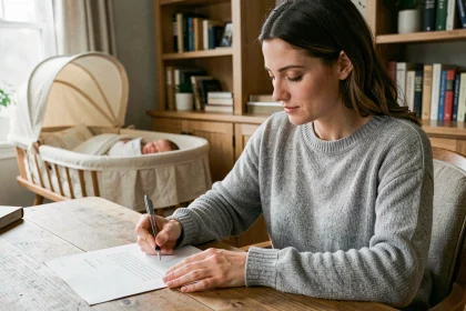 Jeune mère en congé maternité rédigeant une lettre de demande de reprise à 80% à son bureau à domicile