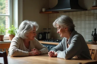 Mère et fille adulte assises à une table en bois dans une cuisine, visages baissés, exprimant une tension émotionnelle et un silence pesant entre elles