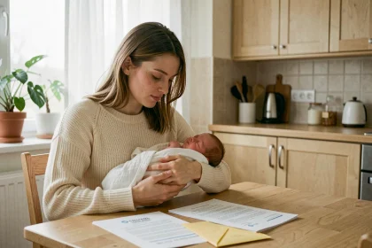 Jeune mère tenant son nouveau-né tout en consultant des documents officiels de la CAF sur une table en bois, illustration du coffret naissance et de la prime de naissance