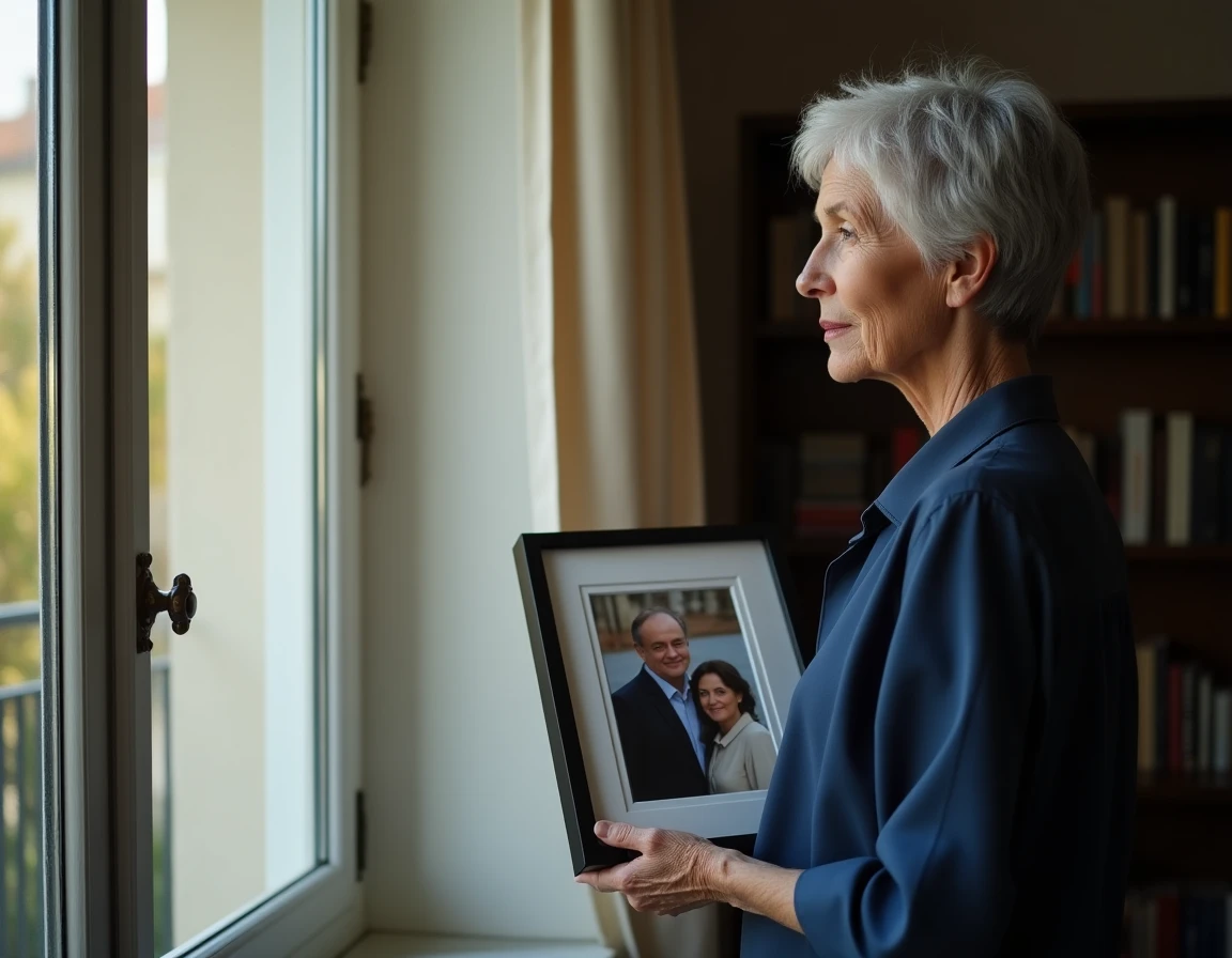 Femme âgée debout près d'une fenêtre tenant une photo de famille, regard pensif exprimant la nostalgie et la douleur d'une relation distante avec sa fille