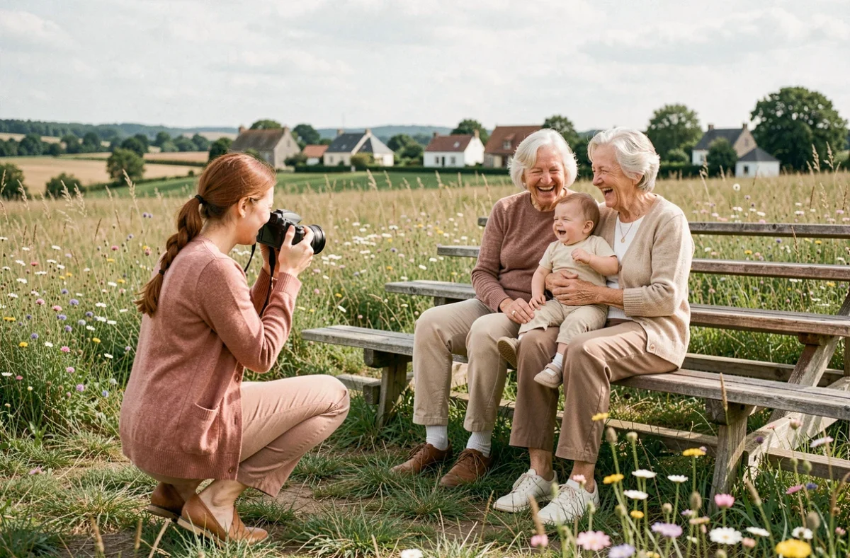 MH Photography's photographiant une famille multigénérationnelle dans une prairie de Charente