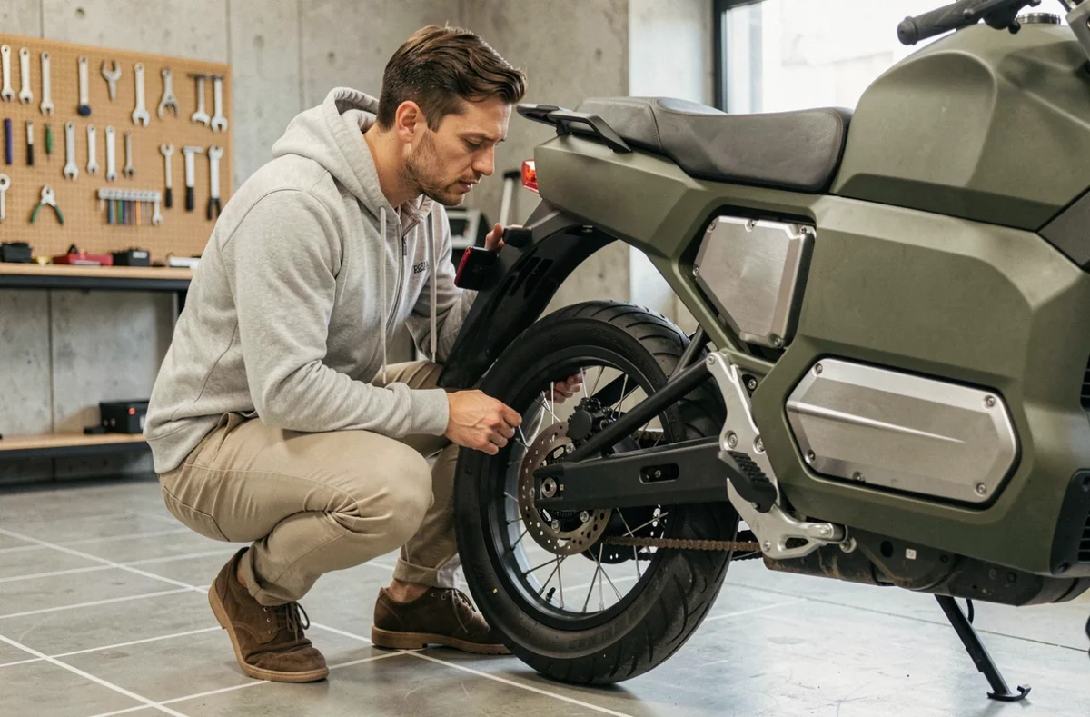 Homme inspectant la batterie d'une moto électrique verte dans un garage urbain en béton