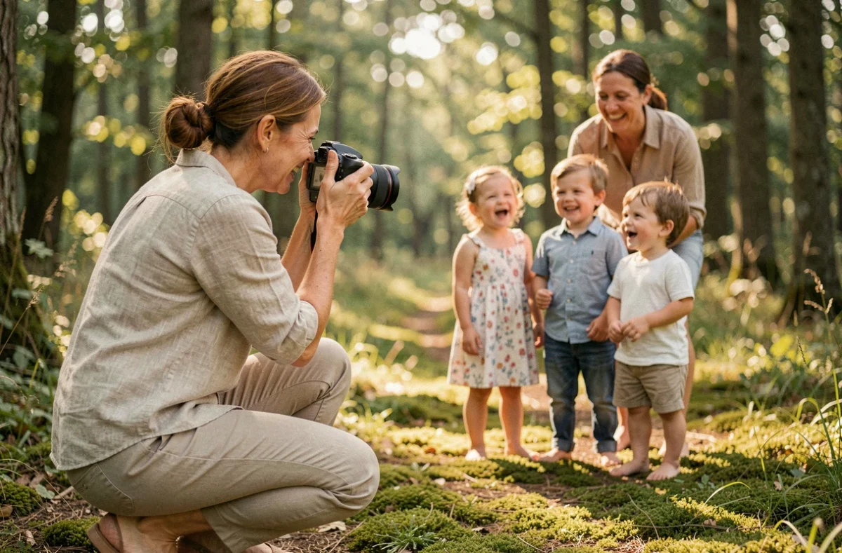 Muriel Meynard photographe de famille en action dans une forêt près de Bordeaux