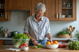 Femme organisée légumes frais dans la cuisine