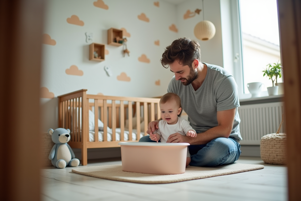 Papa prépare le bain de sa fille dans la nursery lumineuse