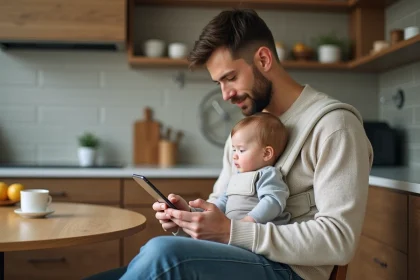 Jeune p&egrave;re avec b&eacute;b&eacute; en porte-b&eacute;b&eacute; utilisant un smartphone