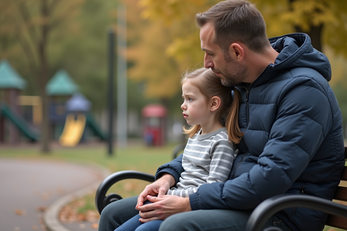Père et fille discutent sur un banc dans un parc en automne