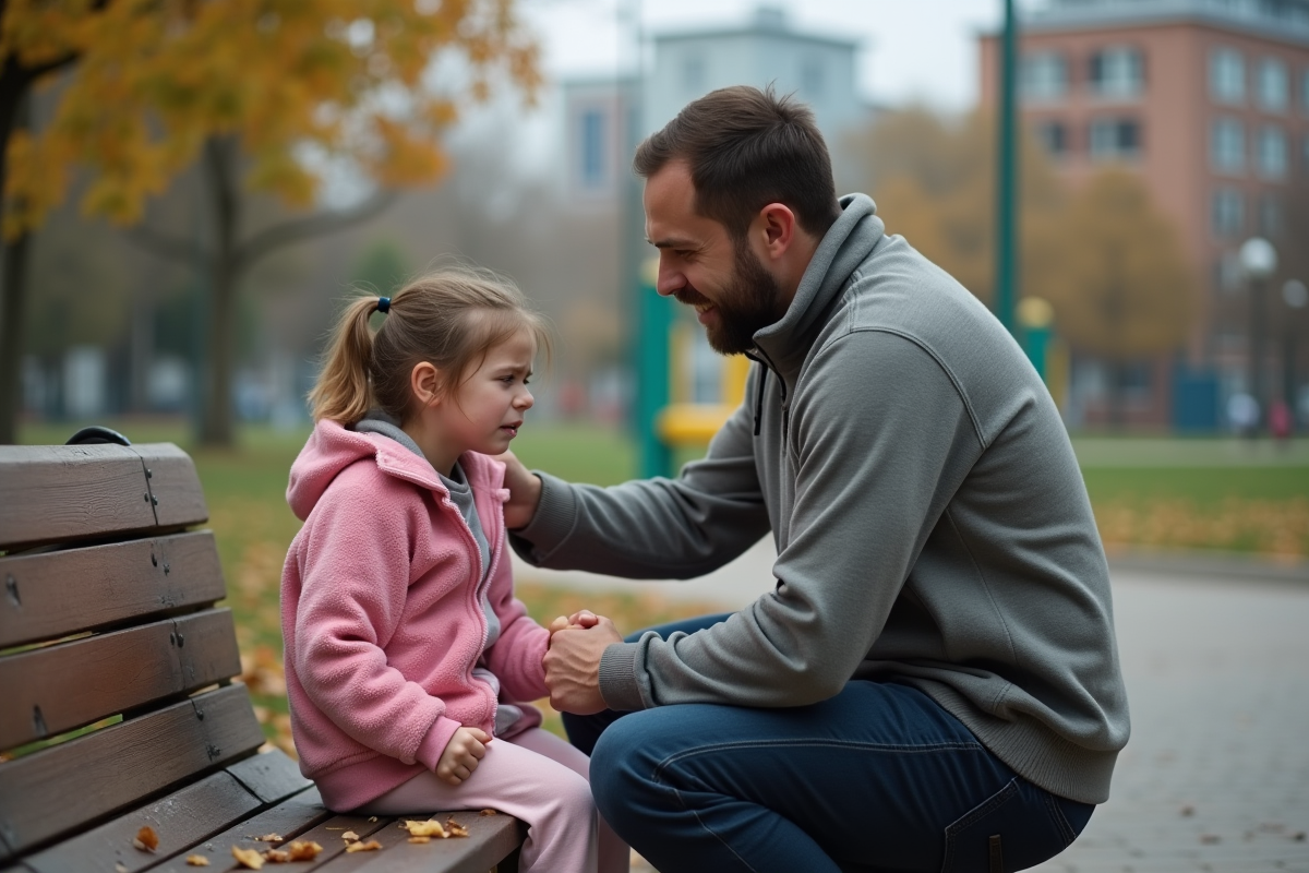 Père console sa fille triste dans un parc urbain