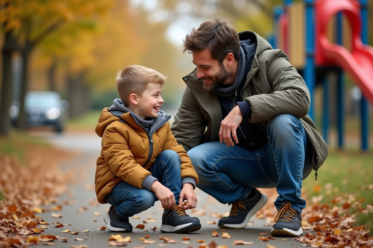 Pere aidant son fils à lacer ses chaussures au parc
