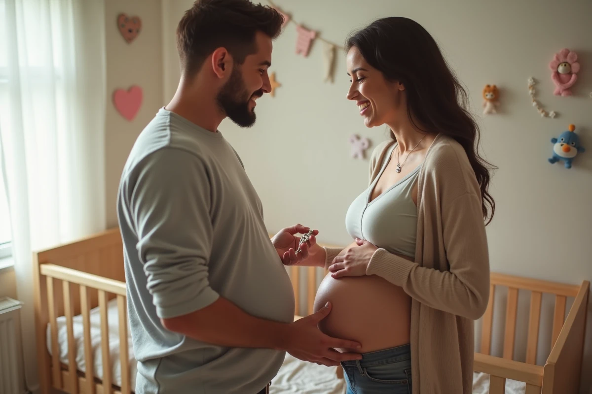 Pere offrant un collier bola à sa partenaire enceinte dans une nurserie
